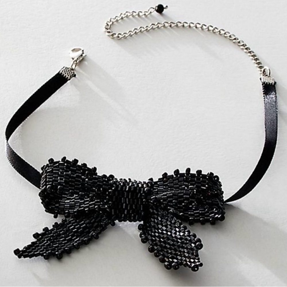 Free People Backstage Pass Bow Choker in Black NWT Glass Beaded Coquette Glam